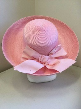Womens, Hat, N/L, Bubble Gum Pink, Straw, 21.5, Grosgrain Bow Center Back, Wide Brim