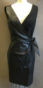 DVF, Black, Leather, Viscose, Solid, V-neck Wrap Bust, Sleeveless, Side Zip, Some Damage on Leather, Attached Tie Belt
