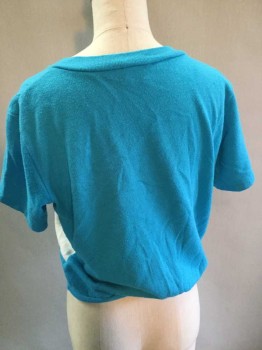 Womens, Top, LEGGS ACTIVEWEAR, Turquoise Blue, White, Cotton, Polyester, Color Blocking, XS, V-neck, Short Sleeve,  Sweatshirt Knit, Pilled
