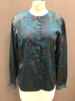 DVF, Turquoise Blue, Indigo Blue, Mustard Yellow, Red, Polyester, Paisley/Swirls, Satin, Long Sleeve Button Front, Covered Button Placket, Round Neck,  Shoulder Pads,