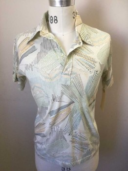 JC PENNEY, Cream, Sage Green, Lt Blue, Espresso Brown, Tan Brown, Polyester, Abstract , 4 Buttons, Short Sleeves,