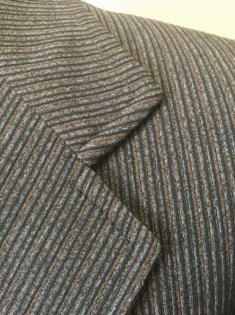 Mens, 1970s Vintage, Suit, Jacket, N/L, Espresso Brown, Brown, Gray, Dk Gray, Polyester, Stripes - Micro, 44S, Single Breasted, Wide Notched Lapel, 2 Buttons,  3 Pockets, Lining is Espresso and Avocado Octagons and Diamonds Pattern Silk,