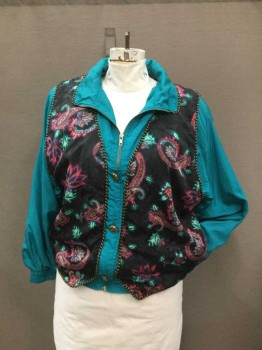 BOCOO, Turquoise Blue, Hot Pink, Black, Lt Pink, Purple, Nylon, Polyester, Paisley/Swirls, Light Weight, Bold Turquoise Green Nylon with Faux Vest Shape in Black with Hot Pink & Purple Paisley Print with Black & Gold Braid Trim., Zipper Front with 3 Button Closure. Elasticated Waist & Cuffs