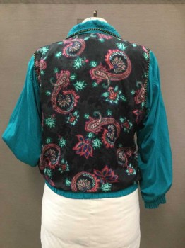 BOCOO, Turquoise Blue, Hot Pink, Black, Lt Pink, Purple, Nylon, Polyester, Paisley/Swirls, Light Weight, Bold Turquoise Green Nylon with Faux Vest Shape in Black with Hot Pink & Purple Paisley Print with Black & Gold Braid Trim., Zipper Front with 3 Button Closure. Elasticated Waist & Cuffs