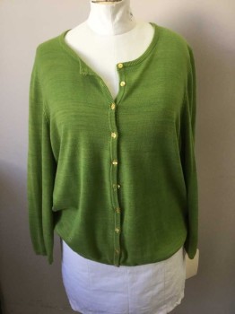 JESSICA LONDON, Lime Green, Cotton, Acrylic, Solid, Button Front, Ribbed Knit Placket/Collar/Cuff/Waistband