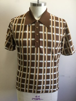 Mens, Polo Shirt, ROBINSON'S, Brown, White, Beige, Polyester, Plaid-  Windowpane, Stripes, XL, Brown with White Grid/Windowpane Stripes with Beige and Light Brown Accents, Banlon Knit, Short Sleeves, Solid Brown Rib Knit Collar Attached, 4 Button Solid Brown Placket at Neck,