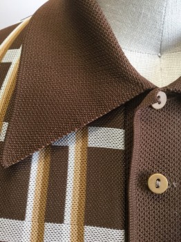 ROBINSON'S, Brown, White, Beige, Polyester, Plaid-  Windowpane, Stripes, Brown with White Grid/Windowpane Stripes with Beige and Light Brown Accents, Banlon Knit, Short Sleeves, Solid Brown Rib Knit Collar Attached, 4 Button Solid Brown Placket at Neck,