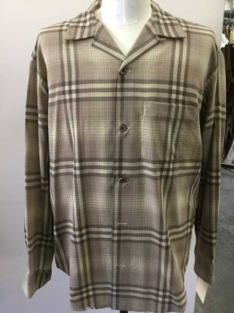 Mens, Casual Shirt, ANTO, Khaki Brown, Taupe, Brown, Wool, Plaid, 33, 17, Button Front, Collar Attached, Long Sleeves, 1 Pocket, Multiples