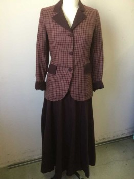N/L, Plum Purple, Mauve Pink, Wool, Check , 3 Fabric Covered Buttons, Solid Plum Notched Lapel, Flaps on 2 Hip Pockets and Cuffs, Rust Silk Lining, Made To Order