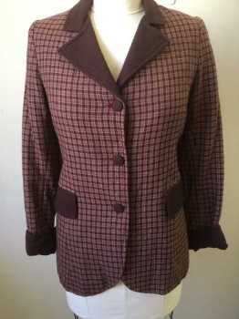 N/L, Plum Purple, Mauve Pink, Wool, Check , 3 Fabric Covered Buttons, Solid Plum Notched Lapel, Flaps on 2 Hip Pockets and Cuffs, Rust Silk Lining, Made To Order