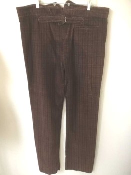 N/L, Brown, Black, Red Burgundy, Cotton, Plaid, Brown Corduroy, with Faint Black/Burgundy Plaid, Button Fly, Metal Suspender Buttons at Outside Waist, 4 Pockets Including 1 Watch Pocket in Front and 1 Welt Pocket in Back, Belted Back, Made To Order Reproduction "Old West" Style