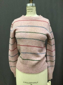 Womens, Sweater, THREE FEET OFF, Pink, Slate Blue, Rose Pink, Olive Green, Wool, Acrylic, Stripes, M, Crew Neck, Long Sleeves, Horizontal Stripe Pattern