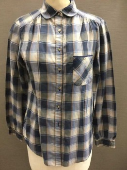 COUNTRY STABLES, Navy Blue, Beige, Cream, Brown, Blue, Cotton, Polyester, Plaid, Long Sleeve Button Front, Peter Pan Collar, 1 Pocket, Gathers At Shoulder Seams,