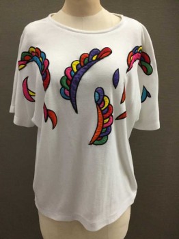 Womens, T-Shirt, COLLECTIONS PLUS, White, Multi-color, Cotton, Polyester, Abstract , Geometric, Jersey, Short Sleeve,  Dolman Sleeve, Round Neck,  Abstract Multicolor Satin Appliques At Front,