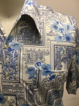 MR CALIFORNIA, White, Lt Blue, Navy Blue, Polyester, Novelty Pattern, Floral, Button Front, Short Sleeves, 1 Pocket, Collar Attached, Knit, Print is Looking Out a Picture Window in the City with Flowers