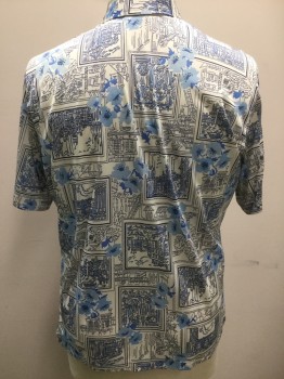 MR CALIFORNIA, White, Lt Blue, Navy Blue, Polyester, Novelty Pattern, Floral, Button Front, Short Sleeves, 1 Pocket, Collar Attached, Knit, Print is Looking Out a Picture Window in the City with Flowers