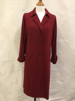 Womens, Coat, MTO, Dk Red, Wool, Solid, 4/6, B: 36, Jersey, Single Breasted, 5 Buttons, 2 Pockets, Collar Attached, Rolled Cuffs, Multiples,