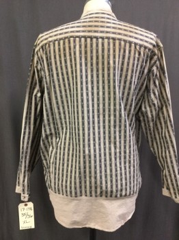 SCULLY, Navy Blue, Beige, Cotton, Stripes - Vertical , Pullover, Band Collar, Button Front Placket, Long Sleeves, 1 Pocket, Patterned Wide Stripes, Aged/Distressed,