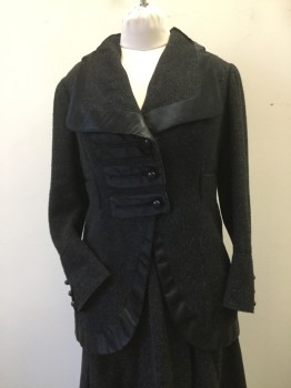 N/L, Charcoal Gray, Black, Wool, Synthetic, Heathered, Solid, 3 Button Closure at Front. Satin Trim Ar Wide Collar and Edge of Jacket and Exaggerated Faux Button Holes. Velvet Back Collar. Satin Trim U Shape Back with 6 Buttons,