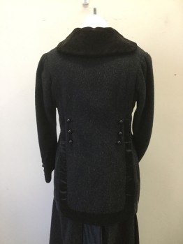 N/L, Charcoal Gray, Black, Wool, Synthetic, Heathered, Solid, 3 Button Closure at Front. Satin Trim Ar Wide Collar and Edge of Jacket and Exaggerated Faux Button Holes. Velvet Back Collar. Satin Trim U Shape Back with 6 Buttons,