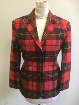 Womens, Jacket, UNITED COLORS OF BEN, Red, Blue, Yellow, Brown, Polyester, Acrylic, Plaid, W30, B36, BENETTON, Single Breasted, 3 Buttons,  2 Pockets, Notched Lapel,