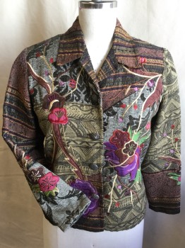 Womens, Jacket, COLWATER CREEK, Olive Green, Brown, Purple, Brick Red, Green, Cotton, Polyester, Floral, Geometric, B34, Collar Attached, Different Large Ornate Silver Button Front, Solid Brown Lining, Long Sleeves,