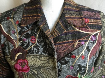 COLWATER CREEK, Olive Green, Brown, Purple, Brick Red, Green, Cotton, Polyester, Floral, Geometric, Collar Attached, Different Large Ornate Silver Button Front, Solid Brown Lining, Long Sleeves,