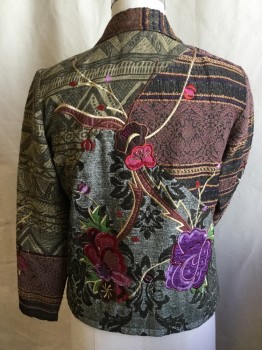 Womens, Jacket, COLWATER CREEK, Olive Green, Brown, Purple, Brick Red, Green, Cotton, Polyester, Floral, Geometric, B34, Collar Attached, Different Large Ornate Silver Button Front, Solid Brown Lining, Long Sleeves,
