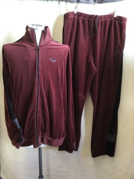 Mens, 1990s Vintage, P1, PONY, Maroon Red, Black, Heather Gray, Cotton, Polyester, Color Blocking, XXL, Sweat Jacket: Velour, Dbl Knit Collar Attached, Zip Front, Long Sleeves, 2 Side Pockets,  with Matching Pants