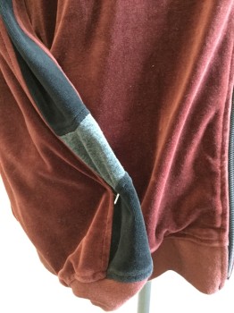 Mens, 1990s Vintage, P1, PONY, Maroon Red, Black, Heather Gray, Cotton, Polyester, Color Blocking, XXL, Sweat Jacket: Velour, Dbl Knit Collar Attached, Zip Front, Long Sleeves, 2 Side Pockets,  with Matching Pants