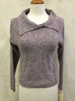 Womens, Sweater, COLLAGE, Mauve Pink, Multi-color, Silk, Linen, Speckled, B:34, Pull Over, Knit, Long Sleeves, Wide Collar That Folds Over