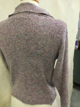COLLAGE, Mauve Pink, Multi-color, Silk, Linen, Speckled, Pull Over, Knit, Long Sleeves, Wide Collar That Folds Over