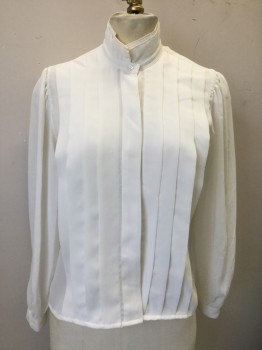 MARIEL, Off White, Polyester, Solid, Chiffon, Long Sleeve Button Front, Double Layered Stand Collar, Vertical Pleats Across Chest, Puffy Gathered Sleeves,