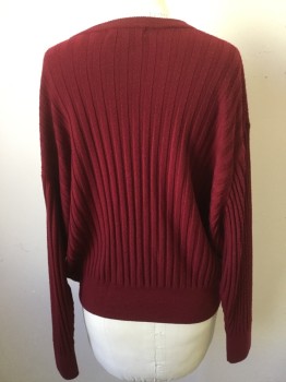 Womens, Pullover Sweater, RO, Wine Red, Wool, Solid, XS, Crew Neck, Rib Knit, Long Sleeves,