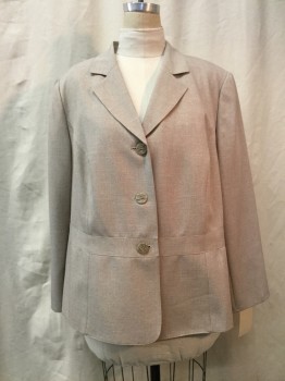 Womens, 1990s Vintage, Suit, Jacket, LE SUIT, Oatmeal Brown, Polyester, Heathered, 22 W, Notched Lapel, Collar Attached, 3 Buttons,