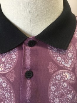 ASOS, Dusty Purple, Black, Gray, Polyester, Cotton, Paisley/Swirls, Stripes - Vertical , Dusty Purple with Lighter Purple and Gray Paisley Pattern, Vertical Patterned Stripes, Short Sleeves, Solid Black Rib Knit Collar Attached, 3 Buttons at Center Front Neck
