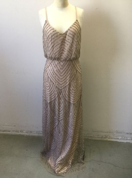 Womens, Evening Gown, ADRIANNA PAPELL, Lt Beige, Gray, Metallic, Beaded, Polyester, Stripes, 4, Sheer Net with Gray Metallic Bugle Beaded and Sequinned Stripes in Various Directions, Opaque Beige Underlayer, Spaghetti Straps, Floor Length Hem