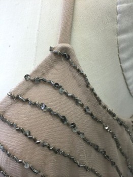 Womens, Evening Gown, ADRIANNA PAPELL, Lt Beige, Gray, Metallic, Beaded, Polyester, Stripes, 4, Sheer Net with Gray Metallic Bugle Beaded and Sequinned Stripes in Various Directions, Opaque Beige Underlayer, Spaghetti Straps, Floor Length Hem