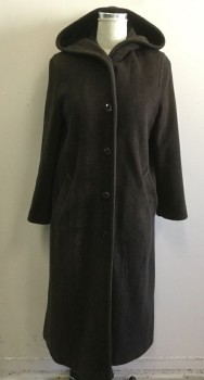 KRISTIN BLAKE, Chocolate Brown, Wool, Acetate, Solid, Long Fleece Coat, Button Front, Attached Hood, Long Sleeves, 2 Pockets
