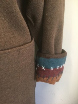 Womens, Coat, NAF NAF, Brown, Sienna Brown, Dk Brown, Wool, Polyamide, Solid, H<44", B<44", Sz.10, Brown Felted Wool with Sienna Brown Shawl Lapel, Dark Brown 1/2" Wide Trim, Single Breasted, 5 Self Fabric Covered Buttons, Navy/Maroon/Sienna Brown Striped Cuffs with White X's Embroidery, Lining is Rust/Blue/White Check