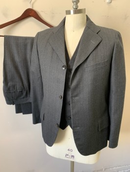 Mens, 1920s Vintage, Suit, Jacket, SIAM COSTUMES MTO, Charcoal Gray, Wool, Stripes - Pin, W:35, 40S, I:28+, Alternating Lt Gray And Blue Pin Stripe,Single Breasted, Notched Lapel, 3 Buttons, 3 Pockets,