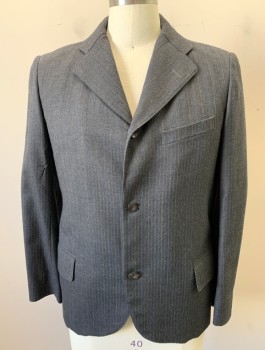 SIAM COSTUMES MTO, Charcoal Gray, Wool, Stripes - Pin, Alternating Lt Gray And Blue Pin Stripe,Single Breasted, Notched Lapel, 3 Buttons, 3 Pockets,