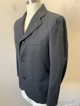 SIAM COSTUMES MTO, Charcoal Gray, Wool, Stripes - Pin, Alternating Lt Gray And Blue Pin Stripe,Single Breasted, Notched Lapel, 3 Buttons, 3 Pockets,