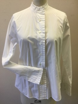 Womens, Blouse, J. CREW, White, Cotton, Solid, 2P, Button Front, Self Ruffle Trim, Band Collar with Self Ruffle Trim, Long Sleeves, Cuffs with Self Ruffle Trim (Double, See FC053460)