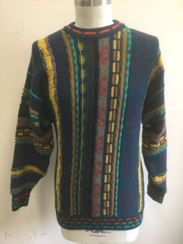 KALAROO AUSTRALIA, Multi-color, Teal Green, Yellow, Red, Olive Green, Wool, Abstract , Stripes - Vertical , Coogi Sweater, Intricate Textured Knit With Stripes, Spirals, Seashells, Etc, Pullover, Long Sleeves, Oversized
