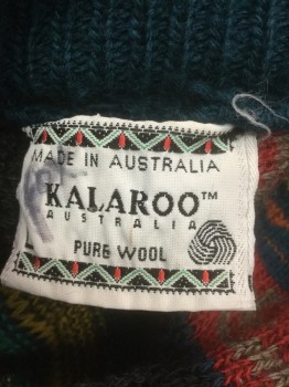 KALAROO AUSTRALIA, Multi-color, Teal Green, Yellow, Red, Olive Green, Wool, Abstract , Stripes - Vertical , Coogi Sweater, Intricate Textured Knit With Stripes, Spirals, Seashells, Etc, Pullover, Long Sleeves, Oversized
