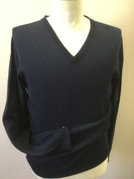 Mens, Pullover Sweater, J.CREW, Navy Blue, Wool, Solid, M, Jersey Knit, V-neck, L/S