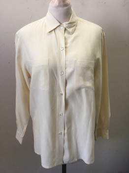 Womens, Blouse, SAKS FIFTH AVE FOLIO, Ecru, Silk, Solid, B40, M, Long Sleeve Button Front, Collar Attached, 2 Patch Pockets, Oversized Fit,