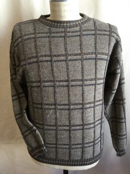 BILL  BLASS, Brown, Beige, Teal Blue, Heather Gray, Cotton, Acrylic, Plaid-  Windowpane, Crew Neck, Pull Over, Long Sleeves,