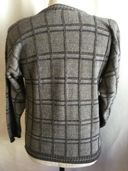 BILL  BLASS, Brown, Beige, Teal Blue, Heather Gray, Cotton, Acrylic, Plaid-  Windowpane, Crew Neck, Pull Over, Long Sleeves,
